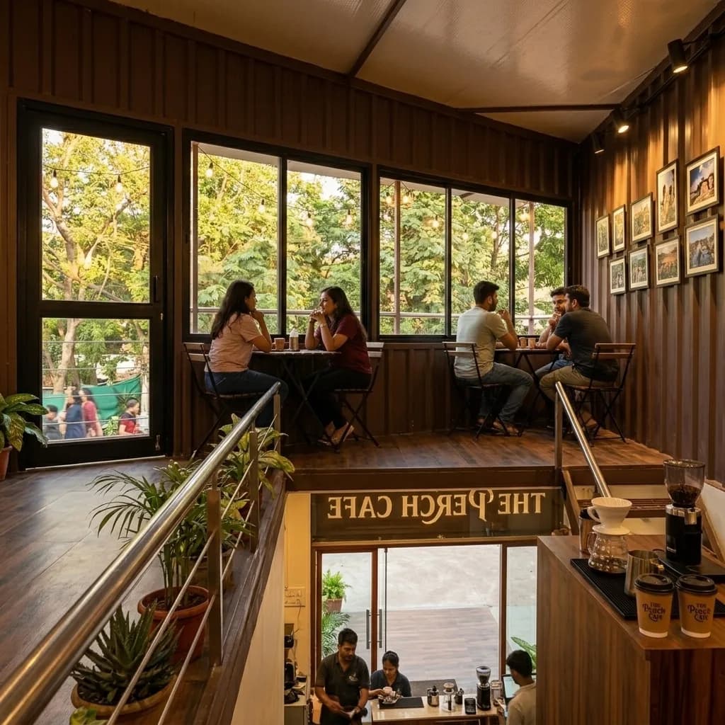 Upper-level cafe seating with container walls, tree-view windows and a mezzanine overlooking the ground-floor counter