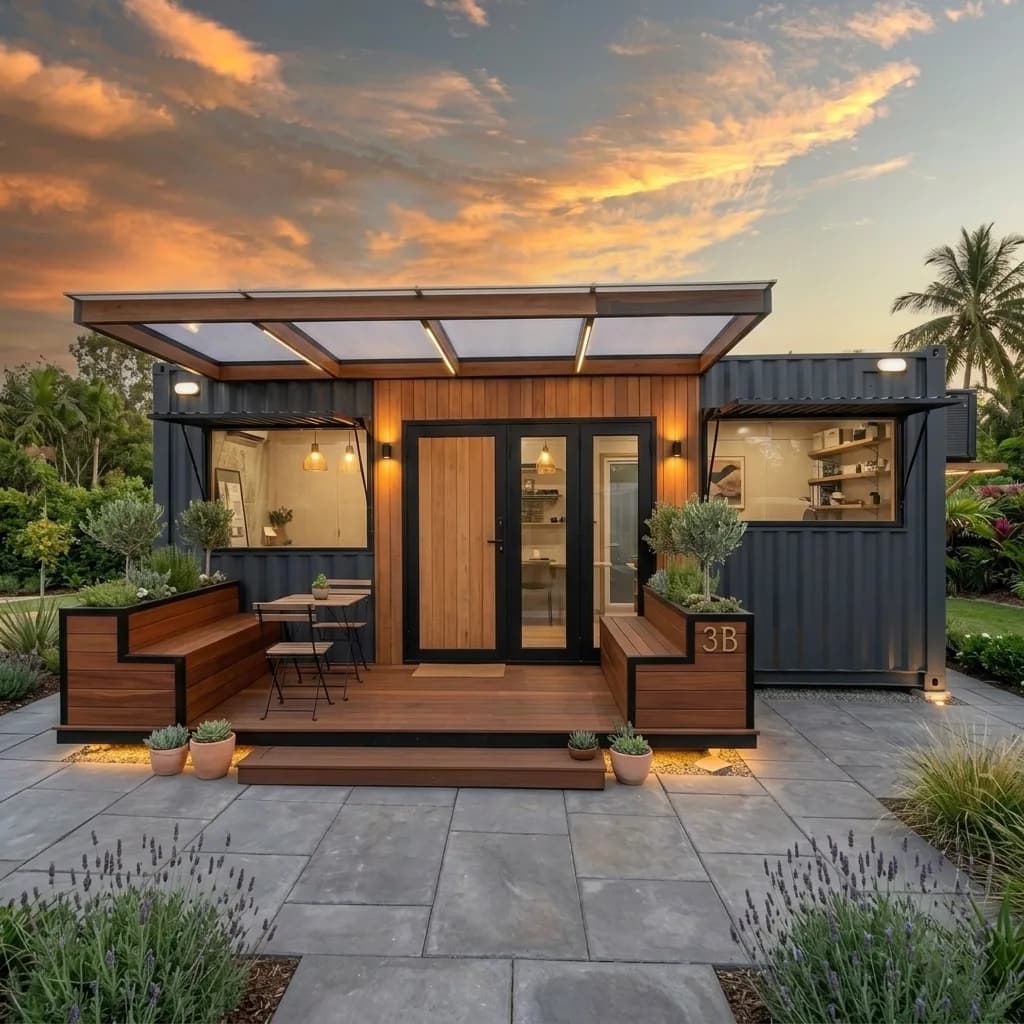 Charcoal container farmhouse with a timber-clad entrance, covered deck and polycarbonate pergola at sunset, by Porta Cabin Systems