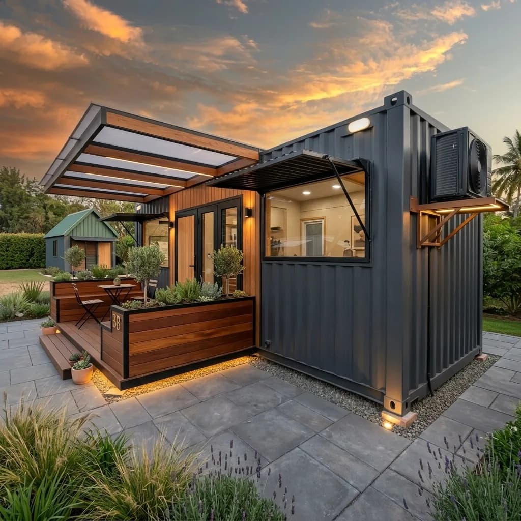 Angled view of the container farmhouse showing the timber deck, bi-fold servery window and wall-mounted split AC