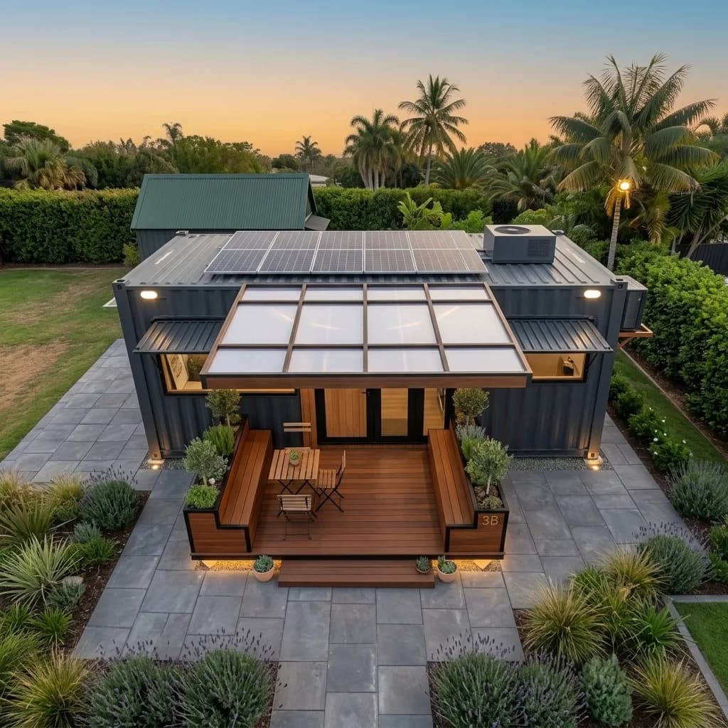Aerial view of the container farmhouse with rooftop solar panels, a polycarbonate pergola over the deck and a landscaped garden