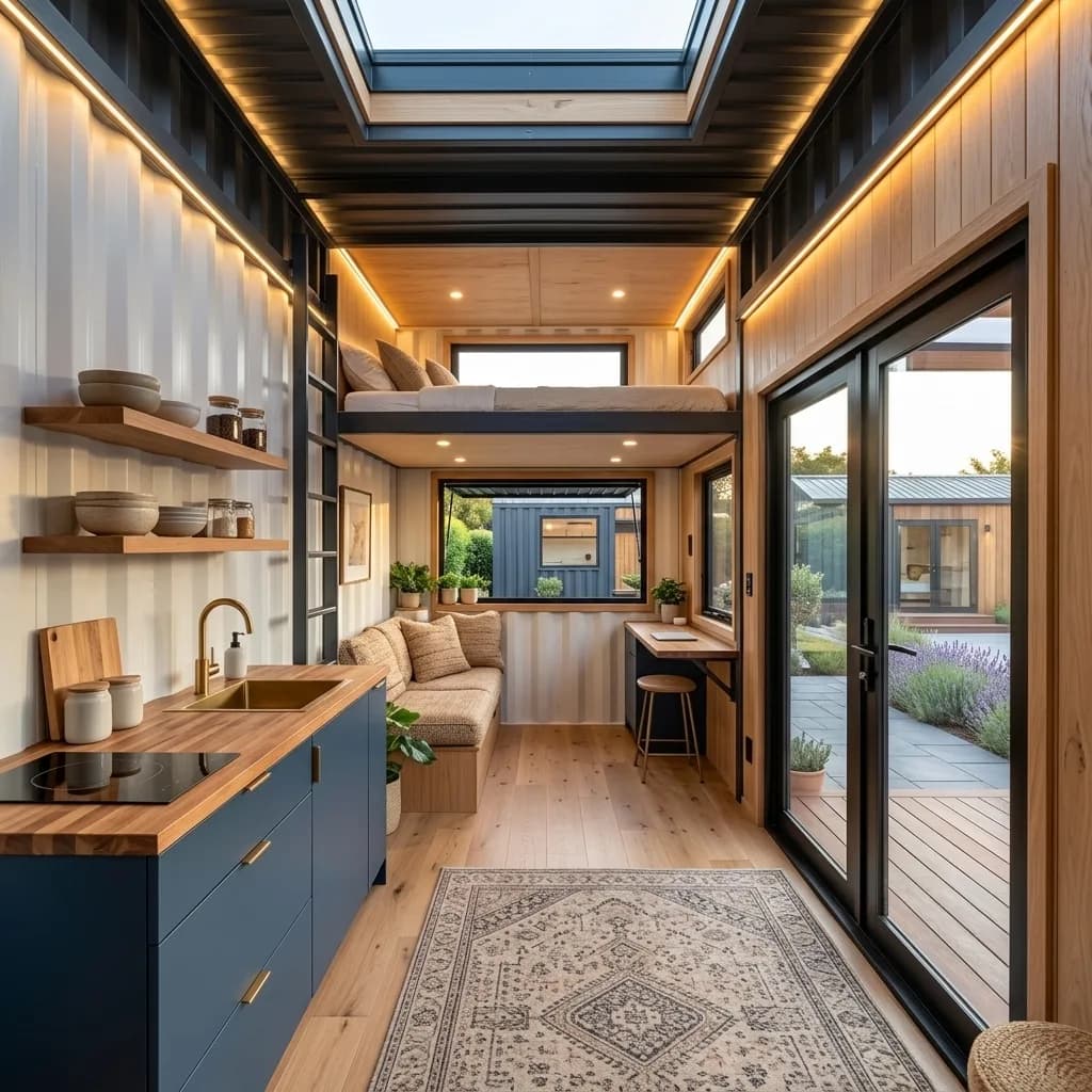 Interior of the container farmhouse with a navy kitchenette, timber counter, living area and a sleeping loft under a skylight