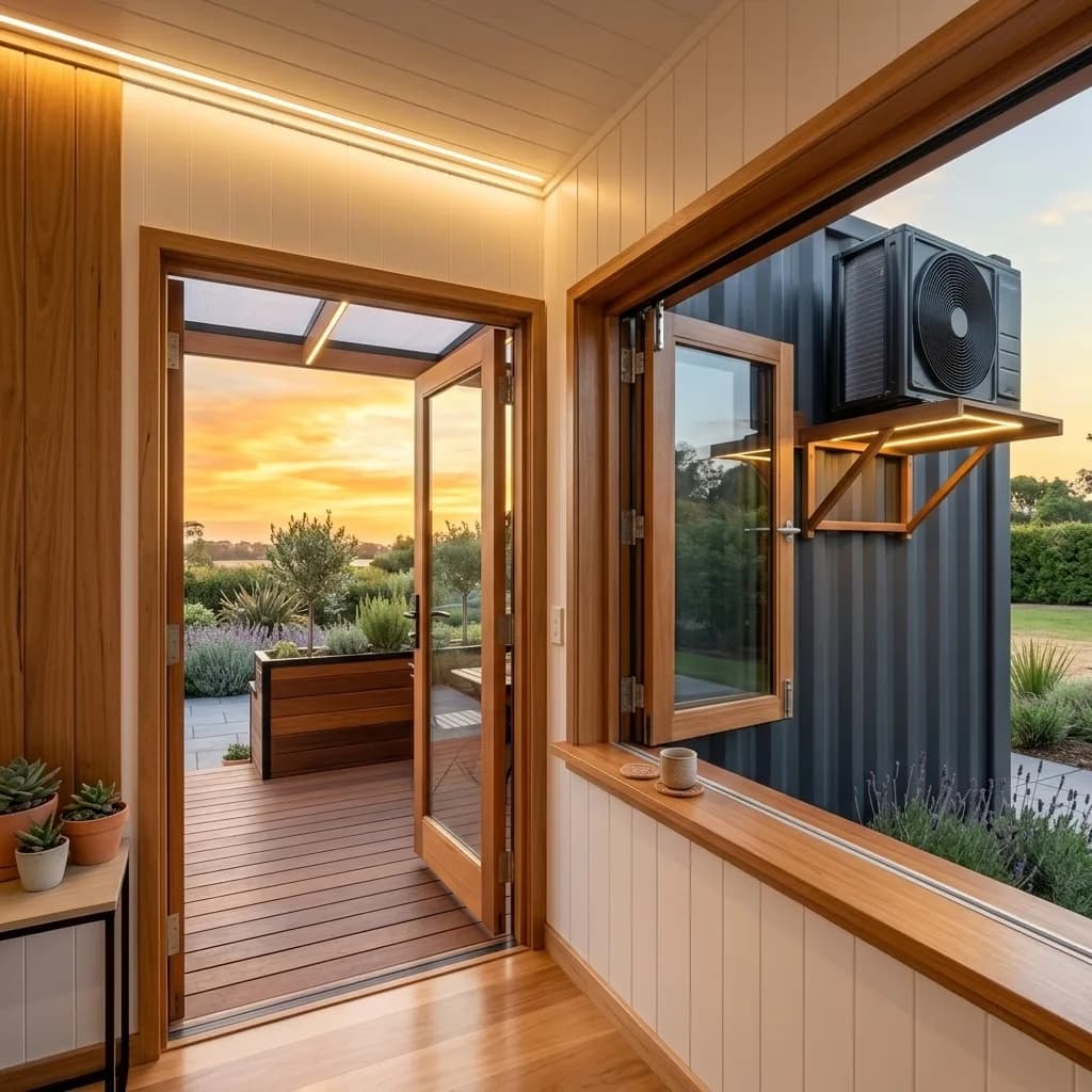 Entrance of the container farmhouse looking out to the deck through an open bi-fold servery window at sunset