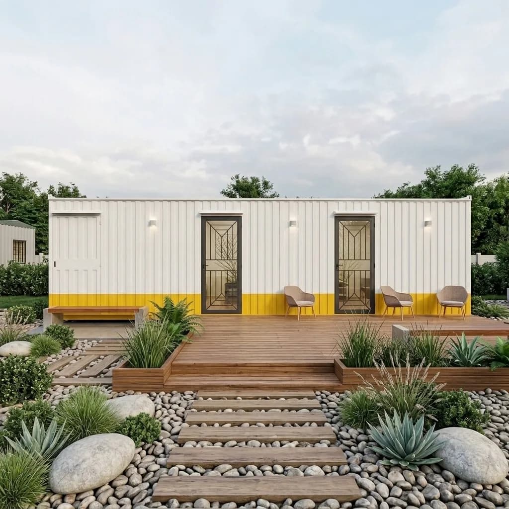 White and yellow 40 ft container office with decorative steel grille doors, timber deck and landscaped garden by Porta Cabin Systems