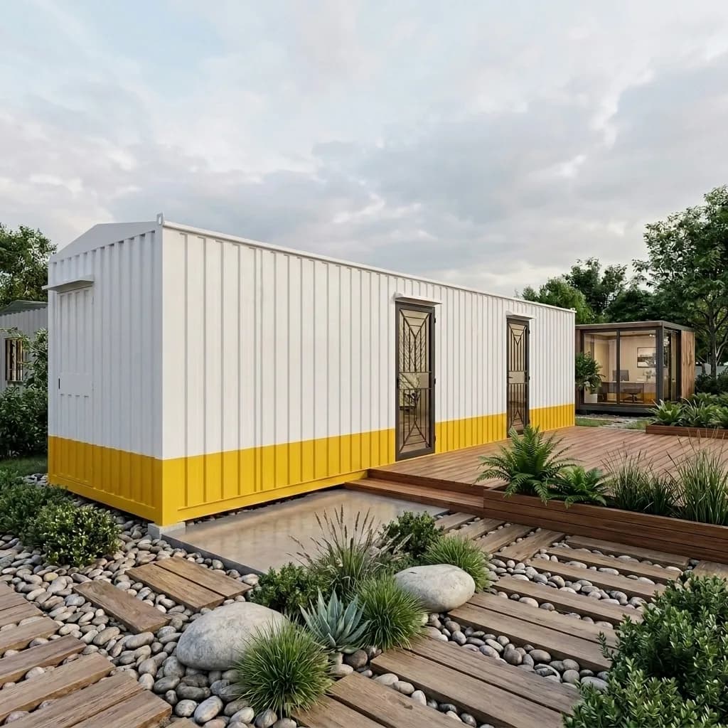 Angled view of the 40 ft container office showing the door-side elevation, deck seating and a detached garden pod