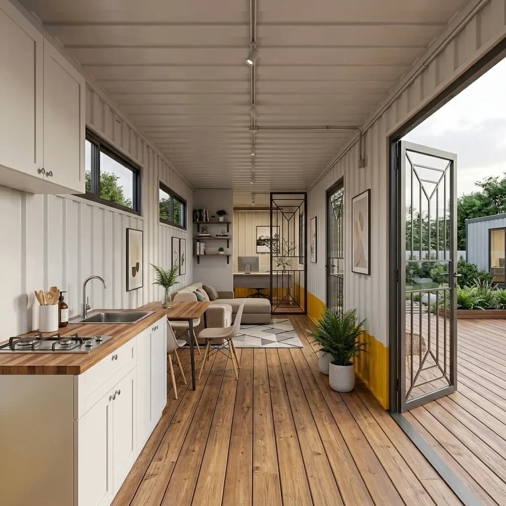 Interior of the container office with a kitchenette, lounge, dining table and desk workspace opening to a timber deck