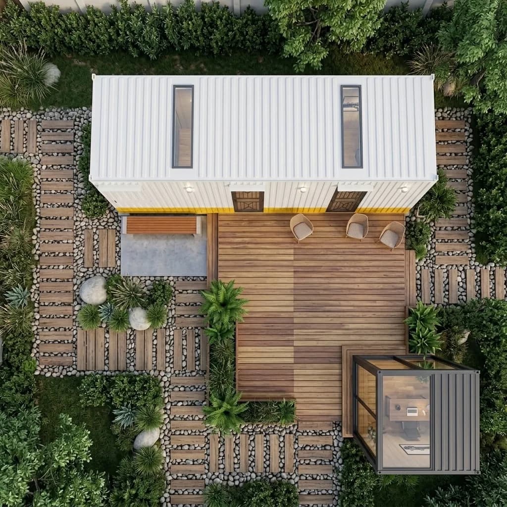 Aerial view of the container office with its timber deck, seating, zen garden and detached study pod