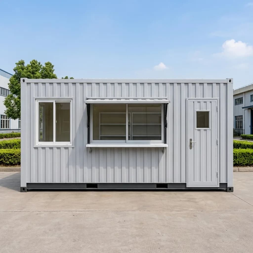 20 ft container shop with fold-up serving hatch, display counter, sliding window and personnel door by Porta Cabin Systems