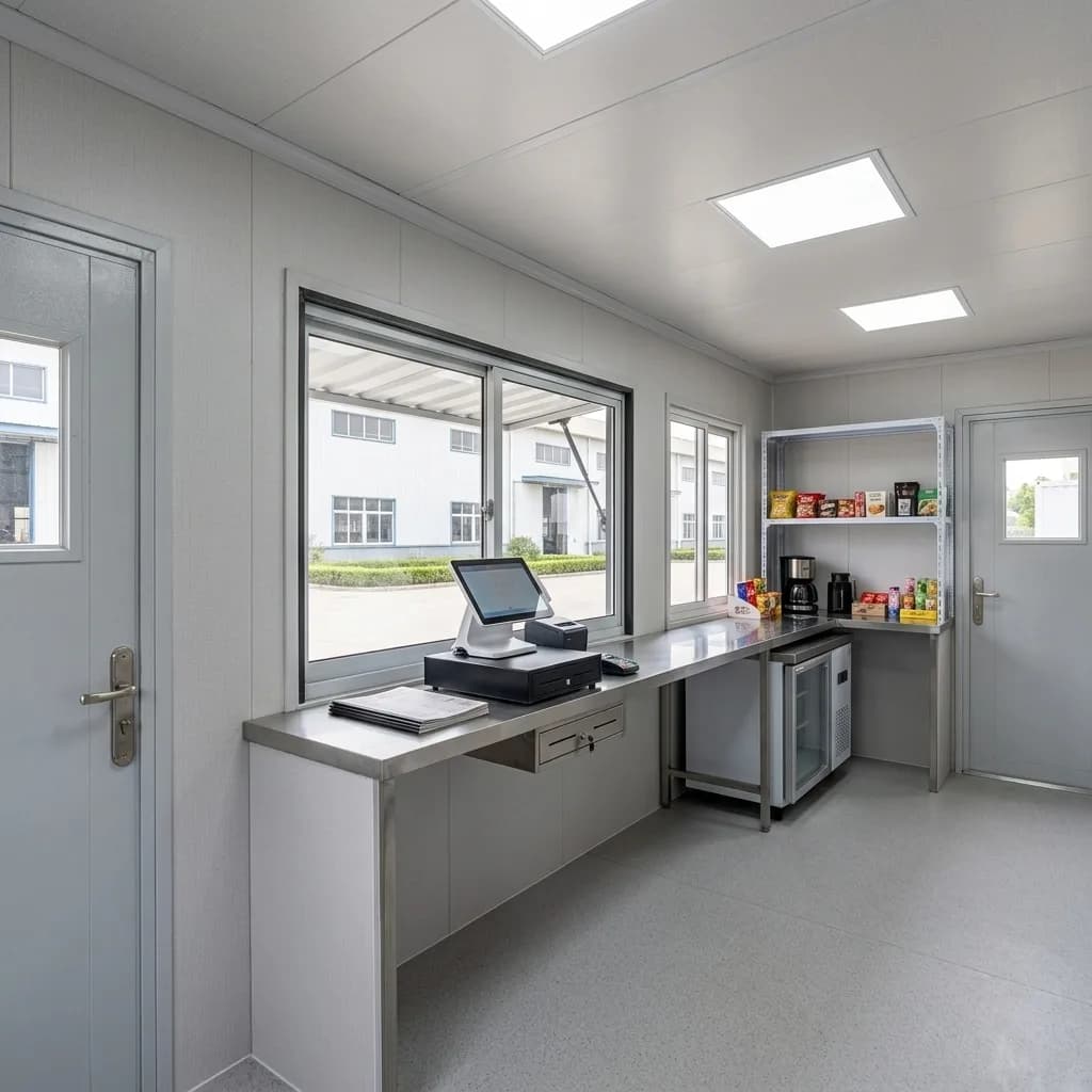 Interior of the container shop with service counter, POS space, under-counter fridge and stocked shelving