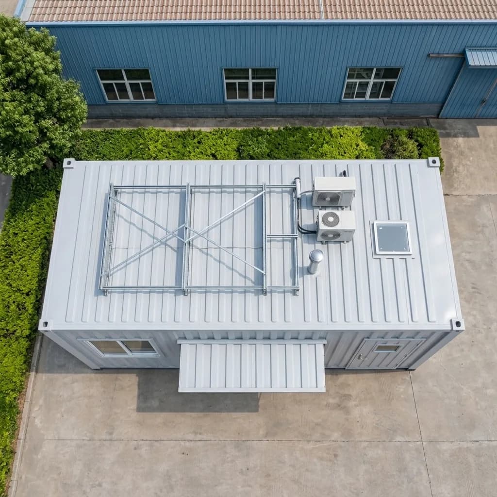 Aerial view of the container shop roof with air-conditioning units and entrance canopy