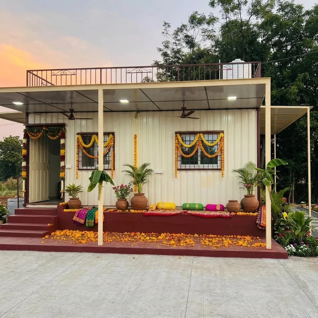 Front elevation of the portable farmhouse with a covered verandah, grilled windows and festive marigold decoration