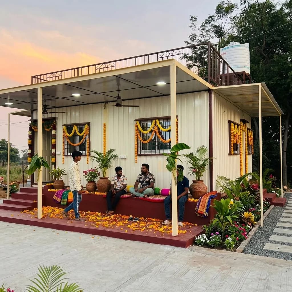 Guests relaxing on the verandah of the portable farmhouse amid a landscaped garden at dusk