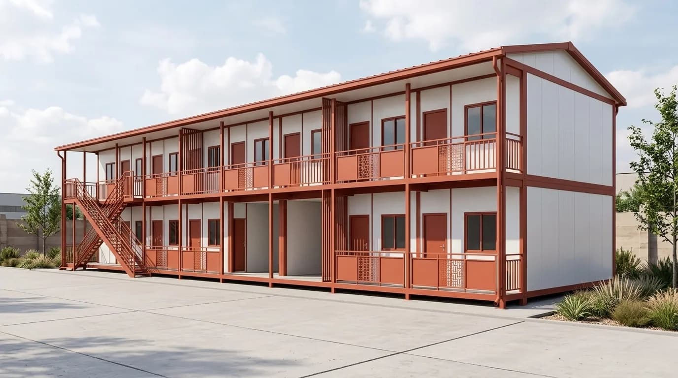 G+1 labour accommodation block — three-quarter exterior view showing the double-storey building, external staircase, balconies and roof, by Porta Cabin Systems
