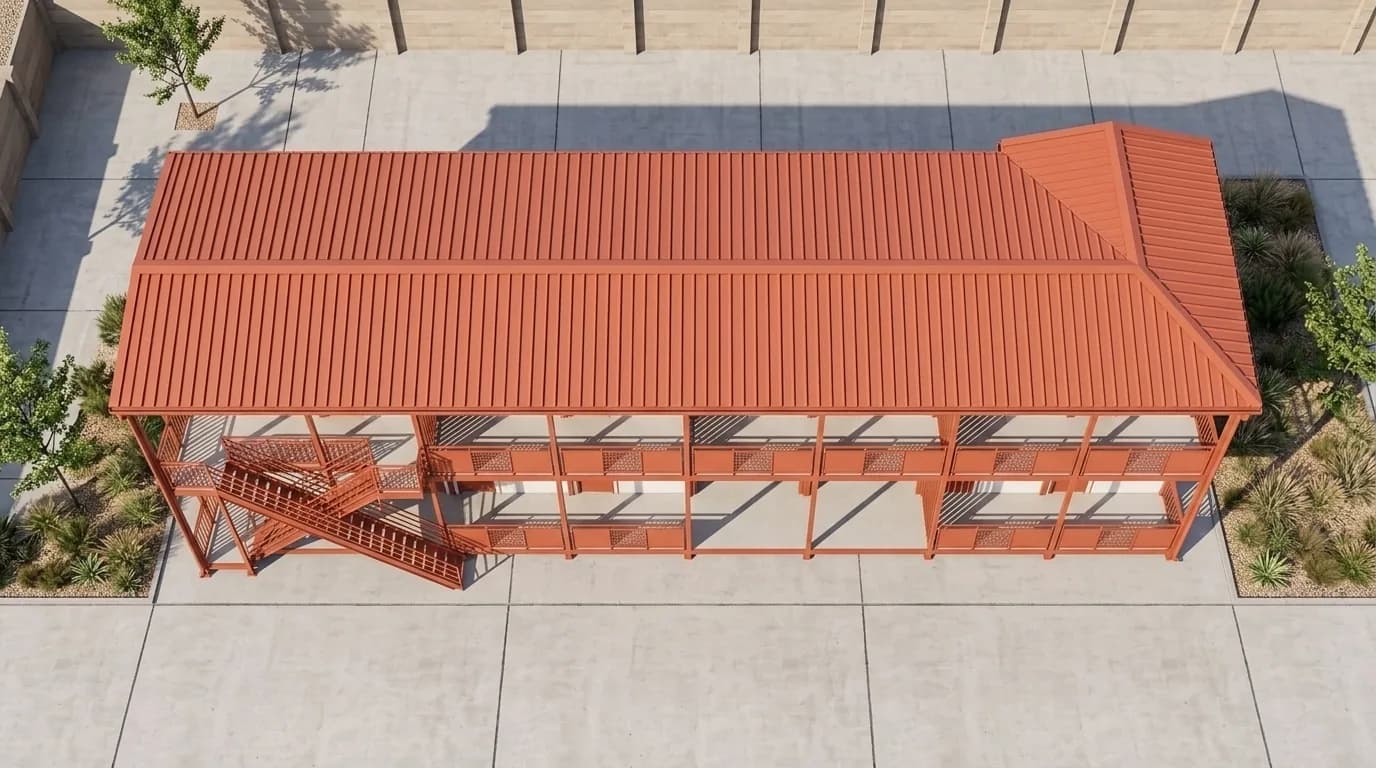 G+1 labour accommodation block — aerial view showing the gabled roof, external staircase and balcony walkways, by Porta Cabin Systems