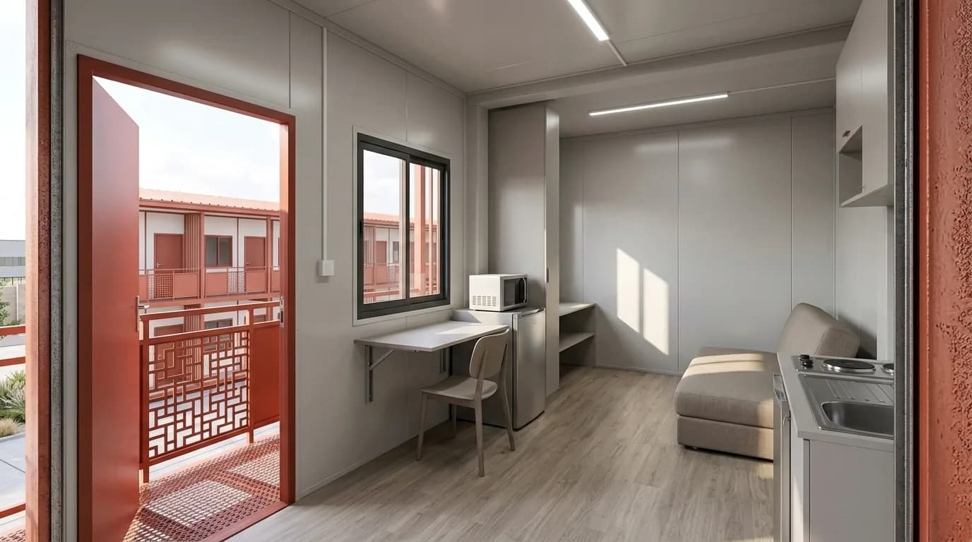G+1 labour accommodation block — furnished room interior with kitchenette, desk and balcony door, by Porta Cabin Systems