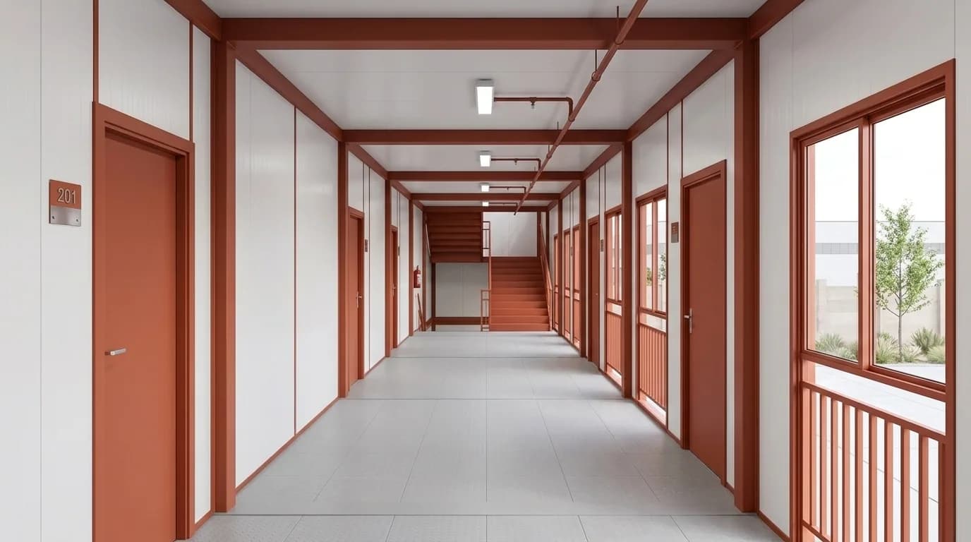 G+1 labour accommodation block — upper-floor corridor with room doors, windows and staircase, by Porta Cabin Systems