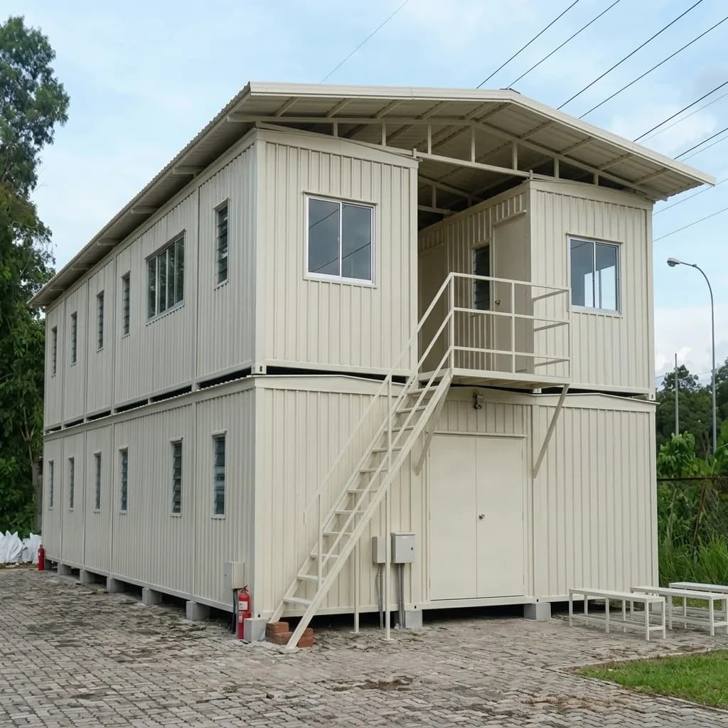 Two-storey G+1 portable labour accommodation block in cream cladding with an external staircase and first-floor balcony walkway, by Porta Cabin Systems