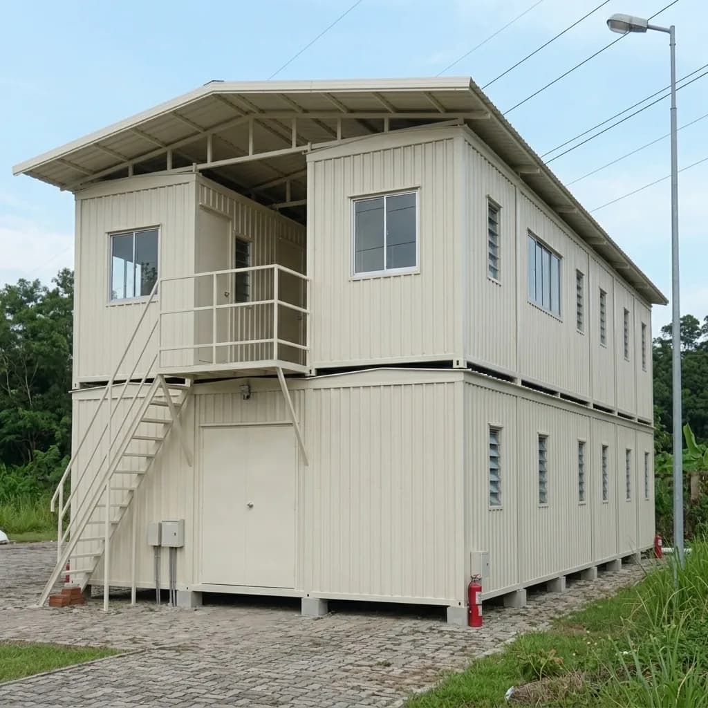 Side view of the G+1 labour accommodation block showing the louvre-ventilated rooms and windows along both floors