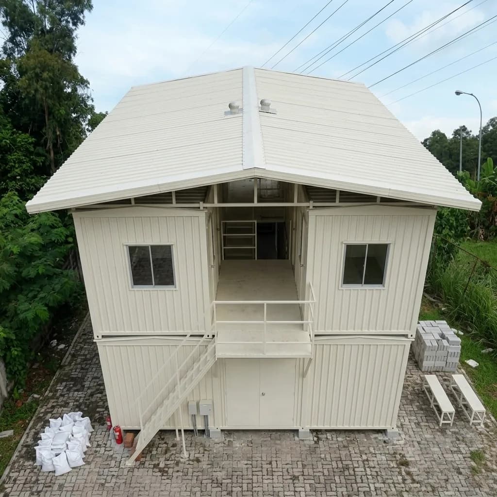 Front elevation of the G+1 labour accommodation block with its gabled canopy roof and upper balcony