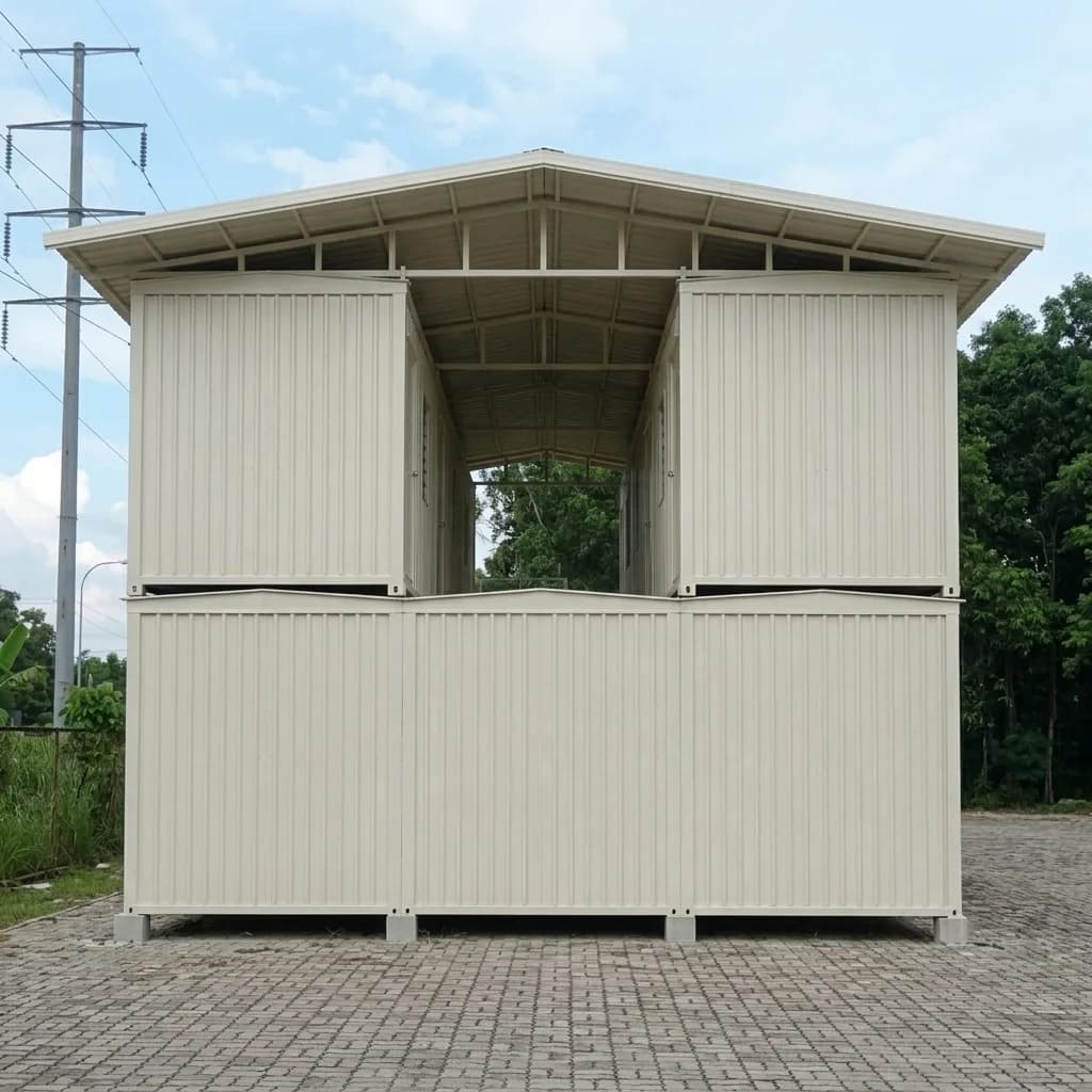End view of the two-storey labour accommodation block showing the gabled roof profile and cladding
