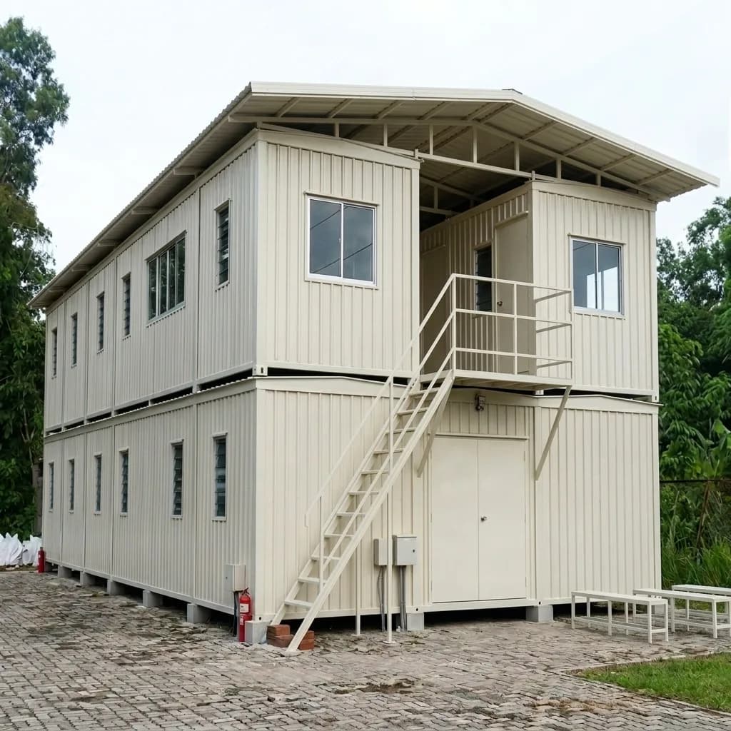 Corner view of the G+1 labour accommodation block with the external staircase, balcony and seating in the yard