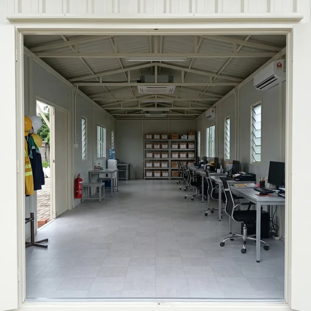 Interior of the labour accommodation block fitted as an open office with workstations, storage shelving and PPE stations