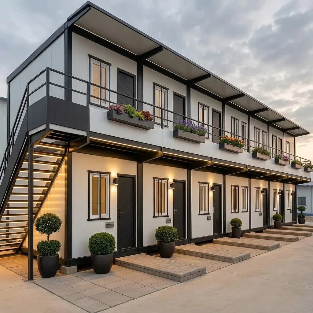 Two-storey labour colony block in white cladding with black trim, a row of individual room entrances, a balcony walkway and an external staircase, by Porta Cabin Systems
