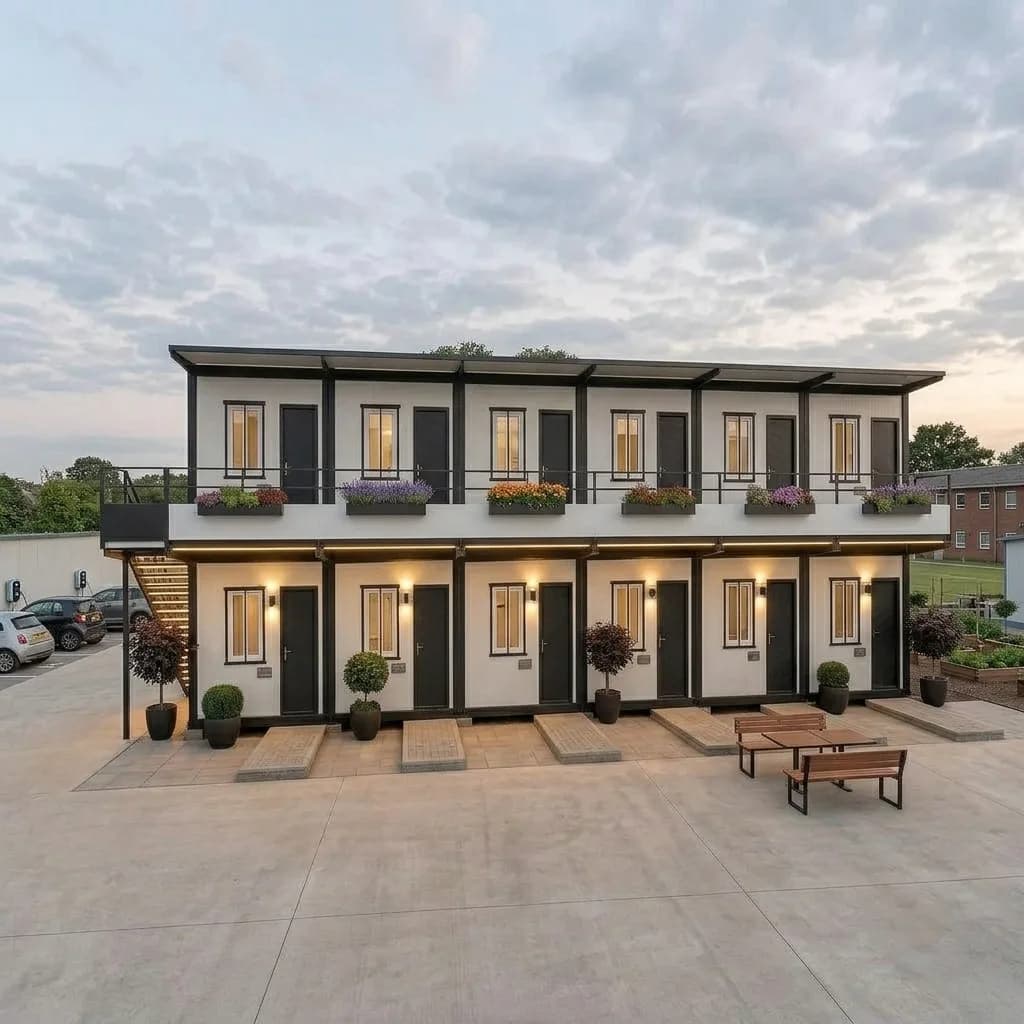 Front elevation of the two-storey labour colony block with balcony planters, wall-lit private entrances and courtyard seating