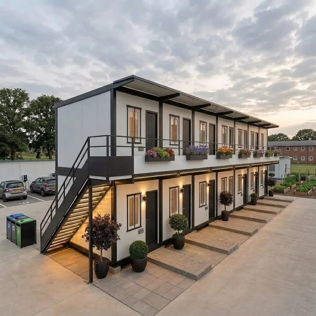 Angled view of the labour colony block showing the external staircase, balcony walkway and a landscaped courtyard with recycling and EV-charging points