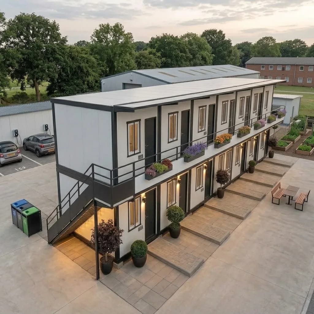 Aerial view of the two-storey labour colony block showing the roof, balcony walkway and paved courtyard
