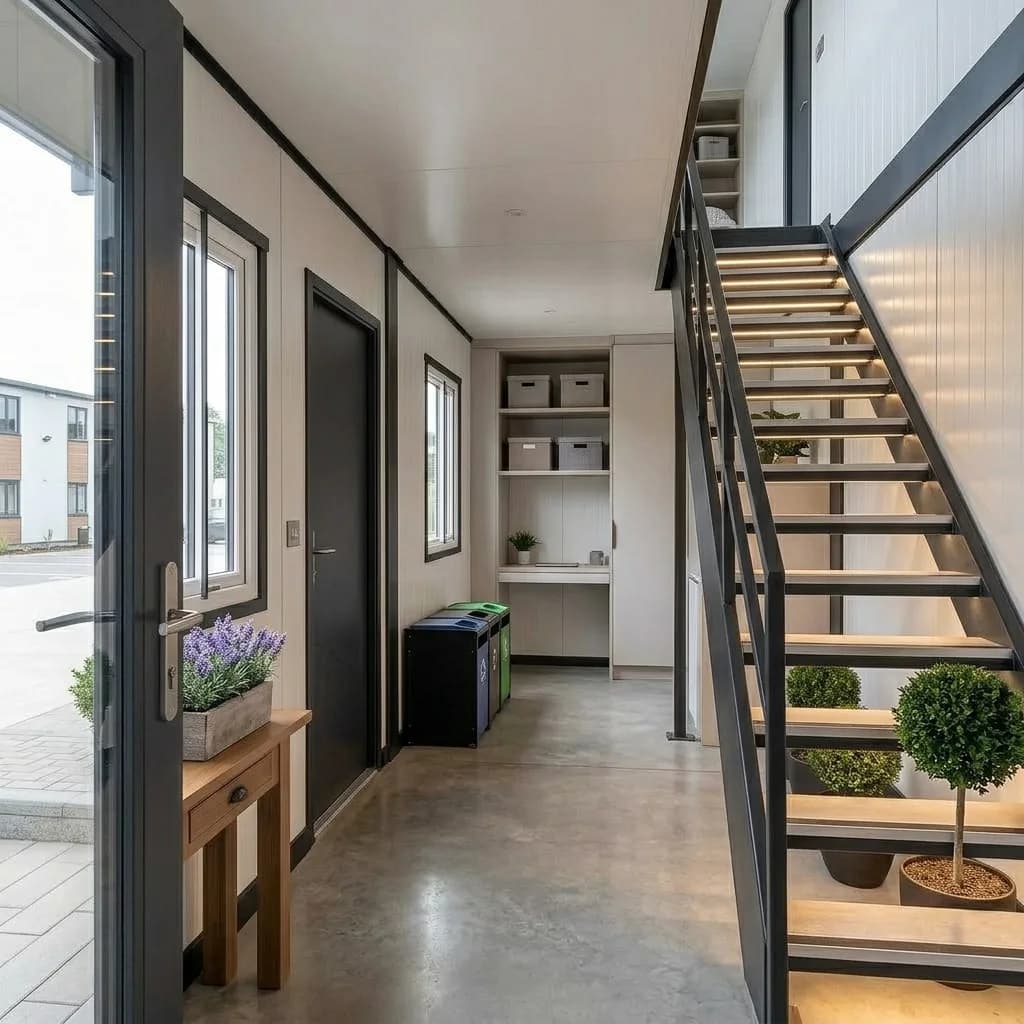 Interior entrance hall of the labour colony block with an internal staircase, storage shelving and polished concrete flooring