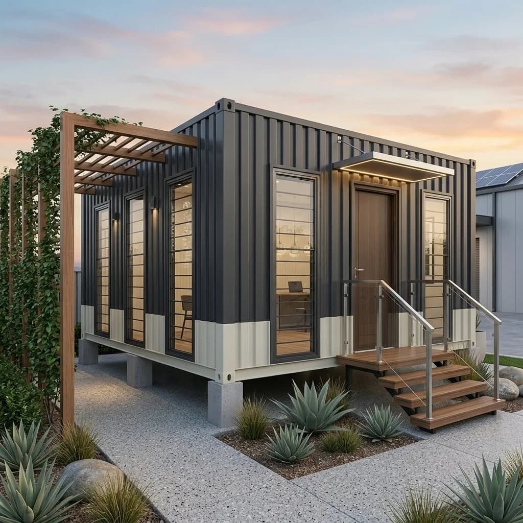 Premium container marketing office with charcoal cladding, glass front, timber deck and pergola by Porta Cabin Systems