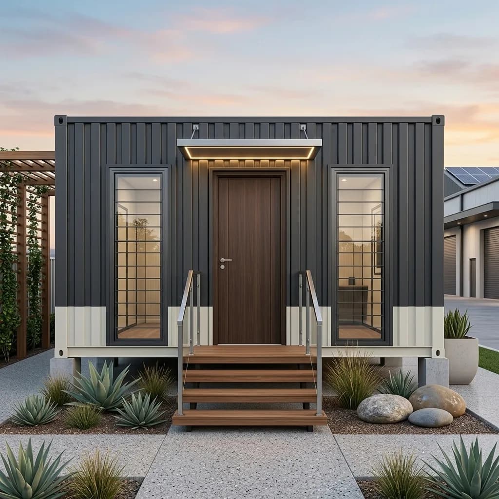 Front elevation of the container marketing office with central timber door, two tall windows and LED canopy