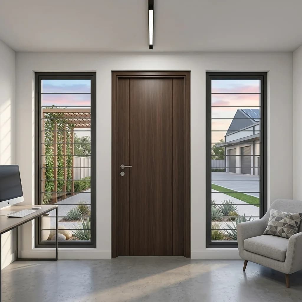 Interior of the marketing office with desk, armchair and full-height windows either side of the timber entrance door