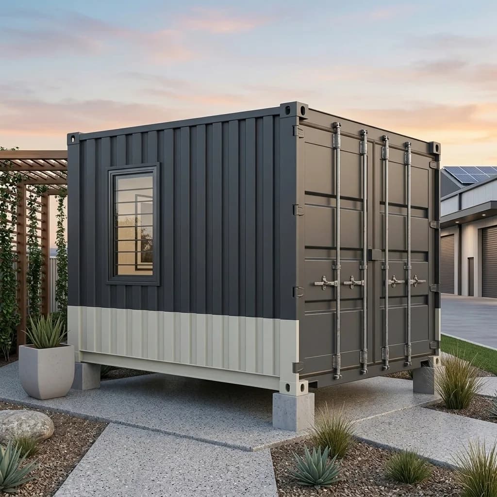 End view of the container marketing office showing the original cargo doors and a side window