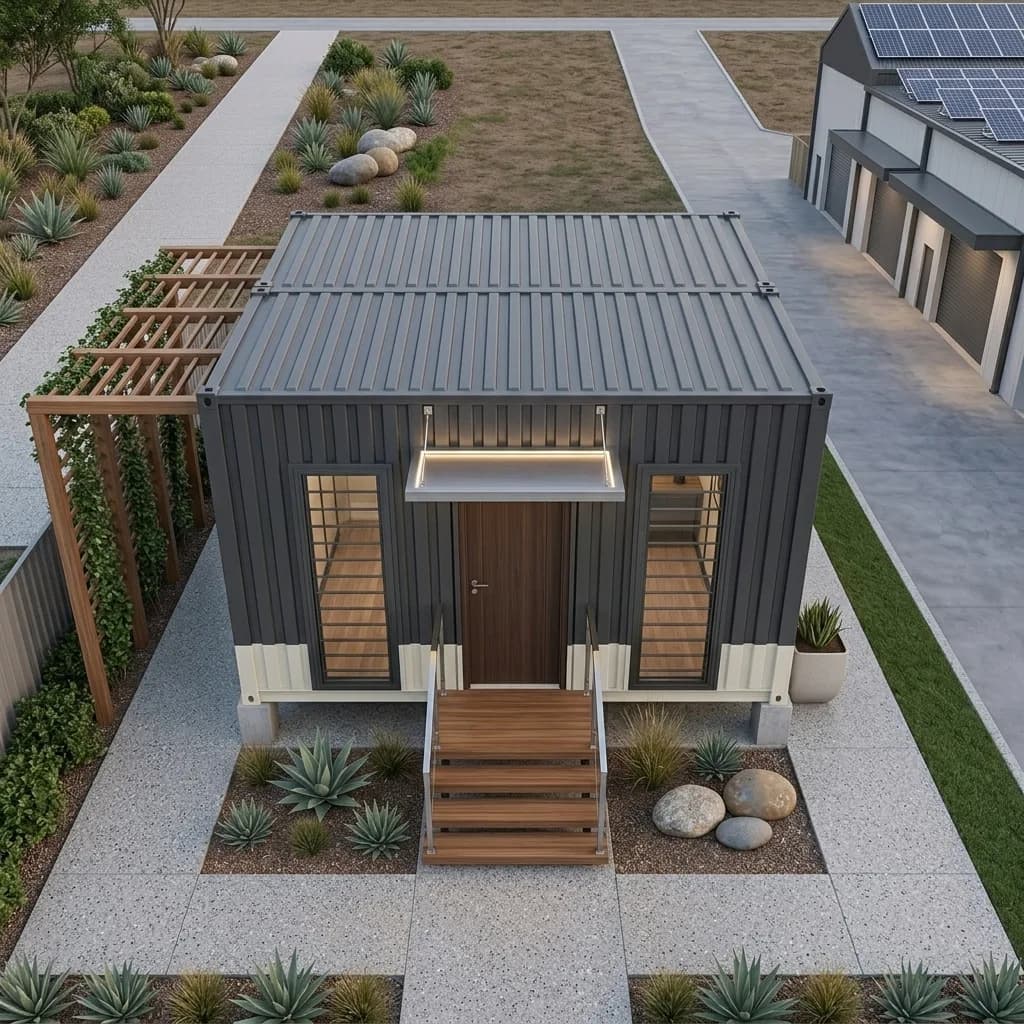 Aerial view of the container marketing office with timber deck steps, pergola and landscaped surrounds