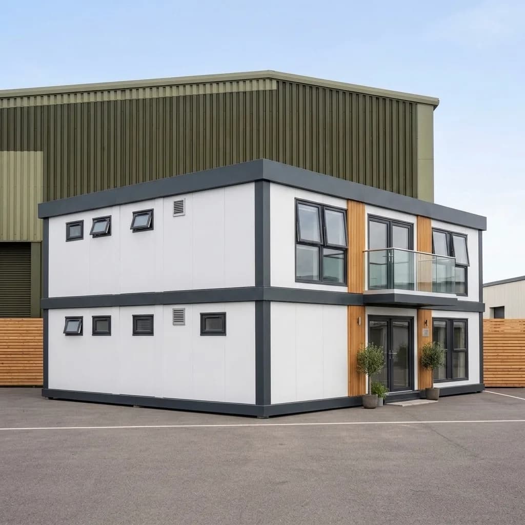 Two-storey modular office building with white panels, dark-grey trim, timber-slat accents and a glass balcony by Porta Cabin Systems