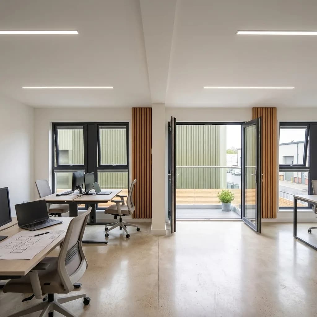 Open-plan office interior with desks, monitors and bi-fold doors opening to a decked balcony