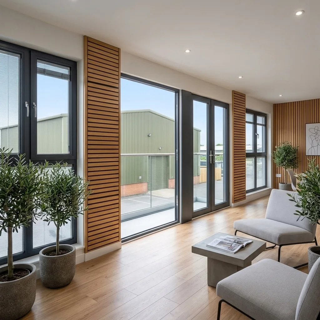 Breakout lounge interior with timber-slat wall, full-height glazing and balcony doors
