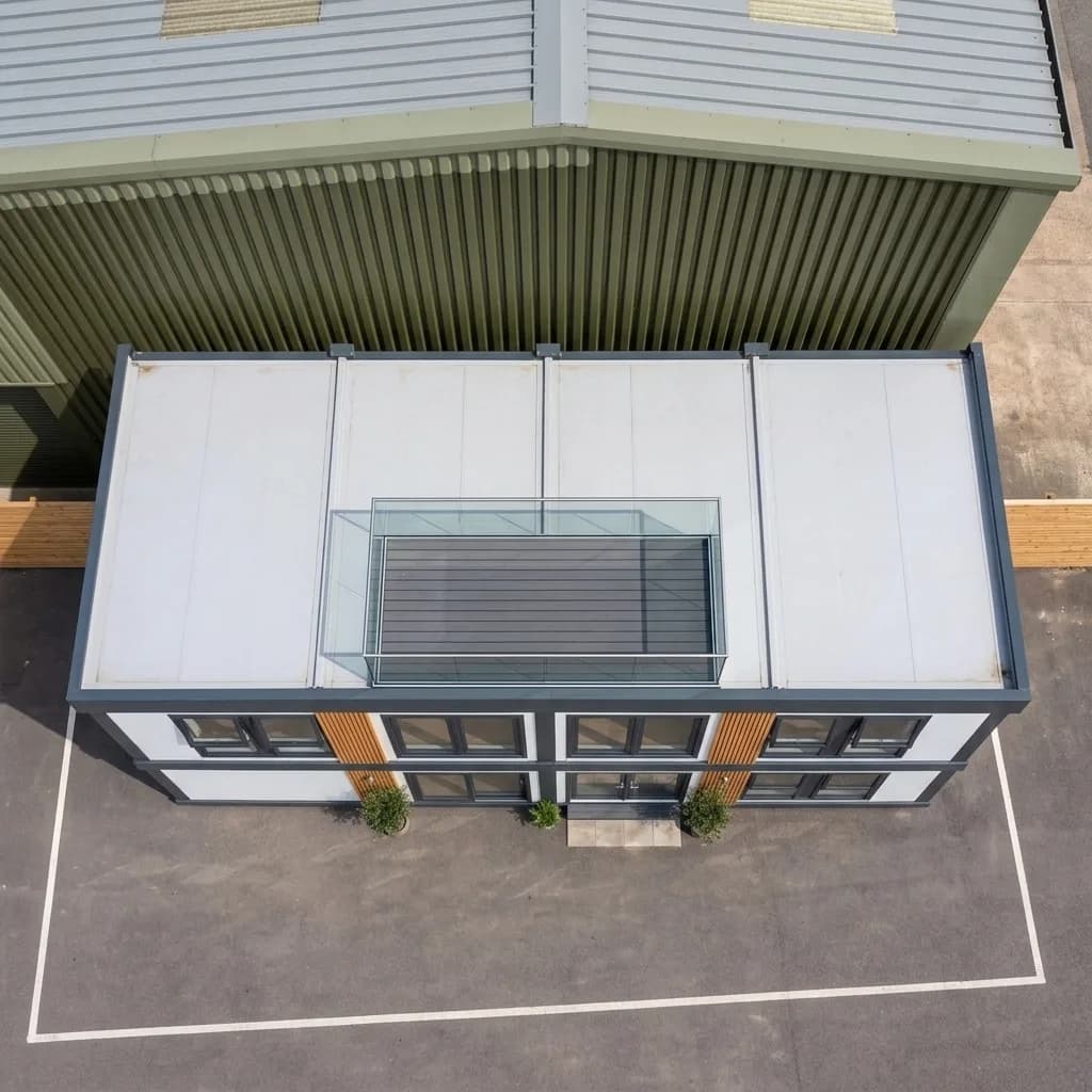 Aerial view of the two-storey modular office building with its glass-balustraded terrace