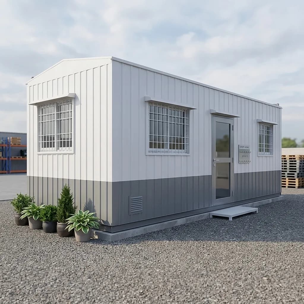 20 ft portable office cabin — grey and white two-tone unit with three grilled windows and glazed door by Porta Cabin Systems