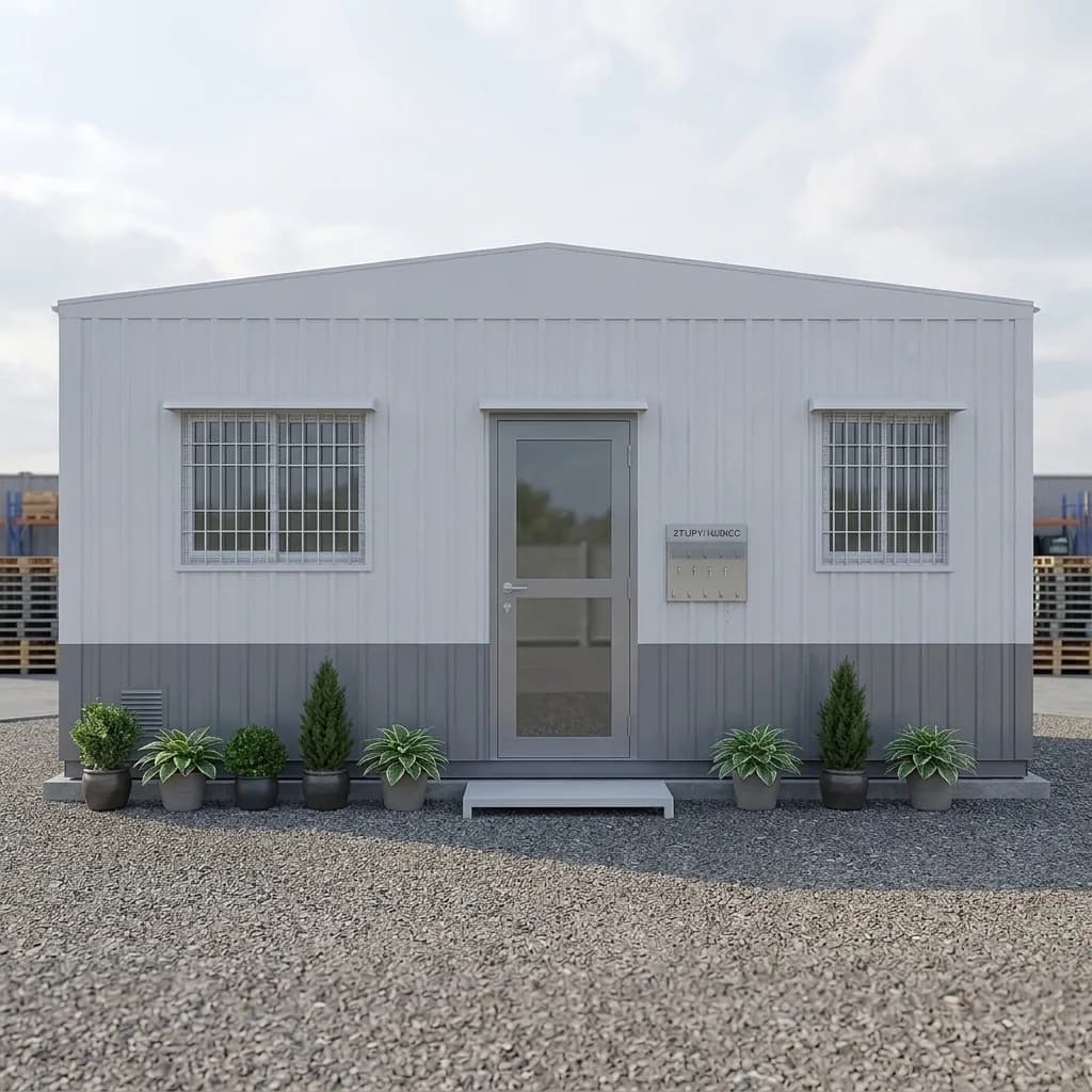 Front elevation of the 20 ft portable office cabin with central glazed door and flanking grilled windows