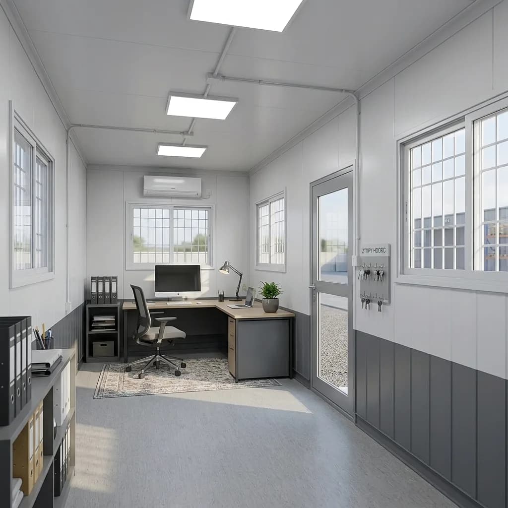 Furnished interior of the portable office cabin with L-shaped desk, air conditioner and vinyl flooring