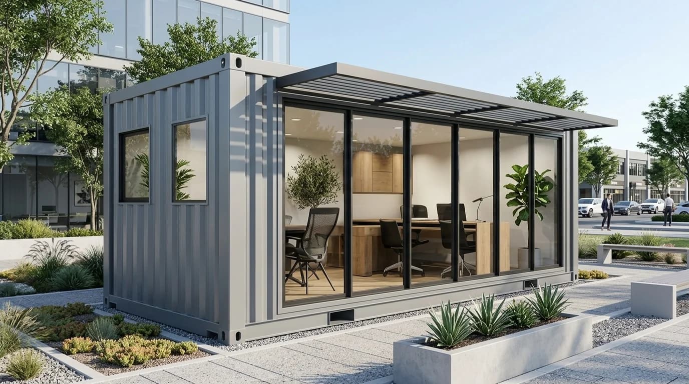 Design visualisation of a grey container-style portable cabin with a full-height glass front under a louvred canopy and two windows in its end wall