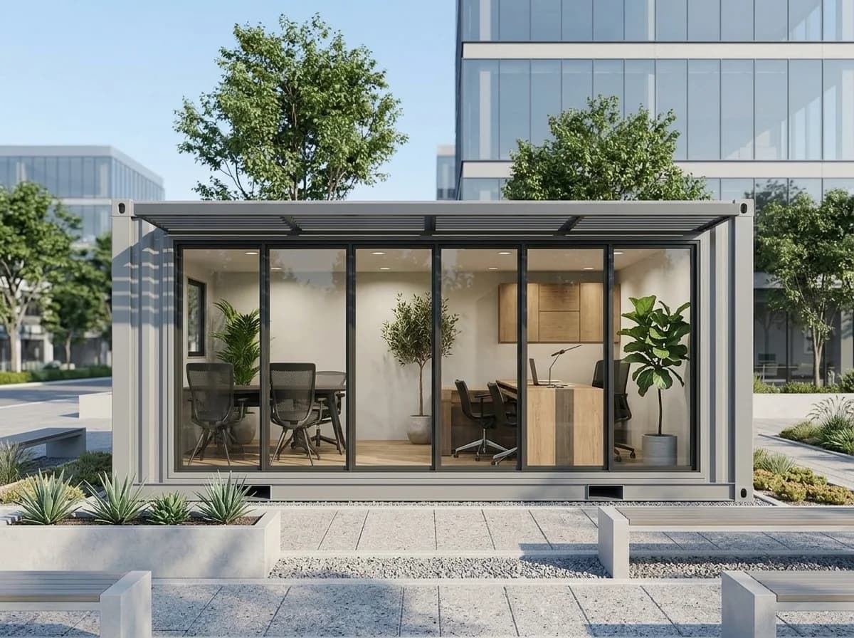 Design visualisation of the same grey cabin from the front, with full-height glass panels under a louvred canopy and office furniture and plants inside