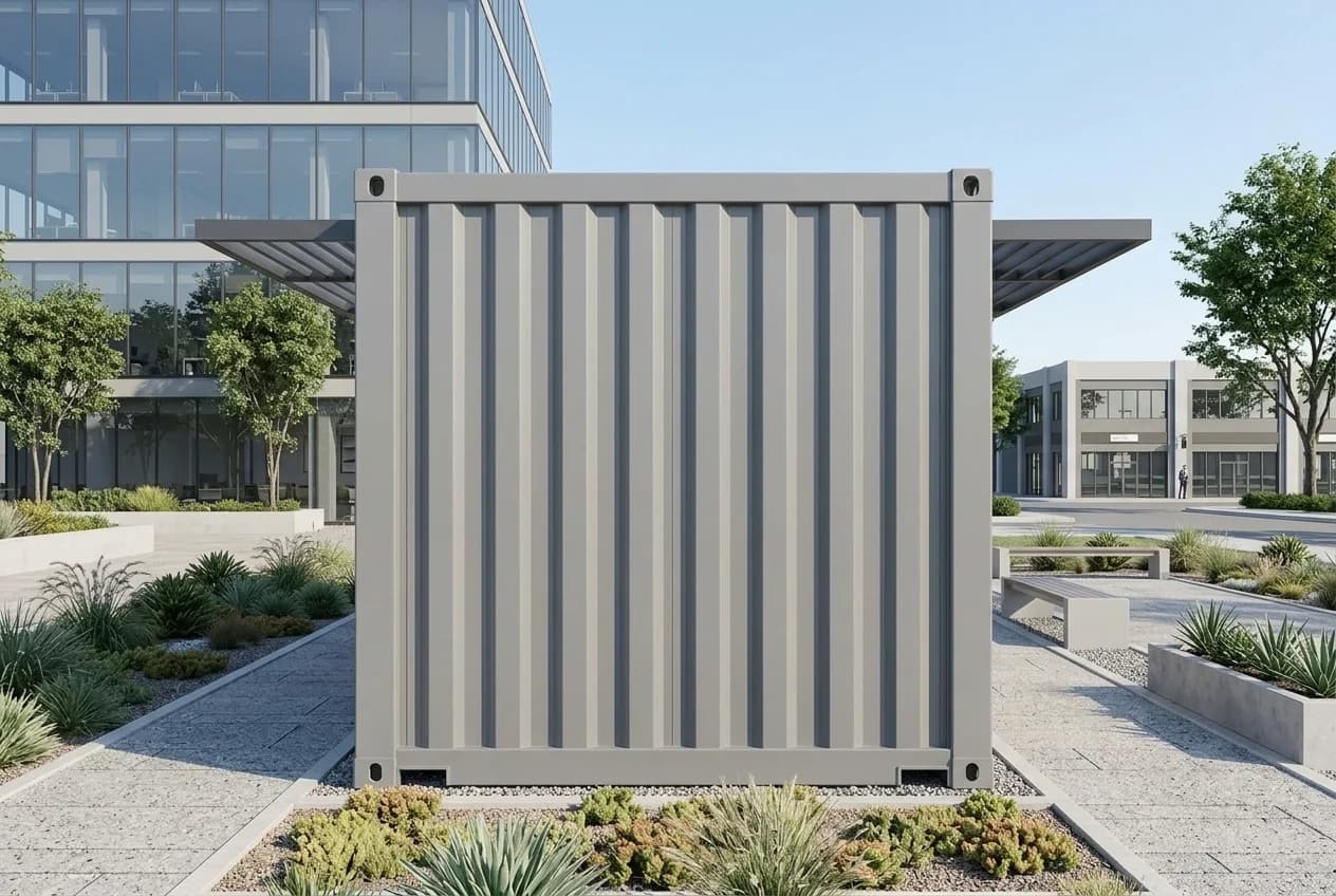 Design visualisation of the grey cabin's closed end wall in vertically corrugated steel, with the canopy extending on both sides