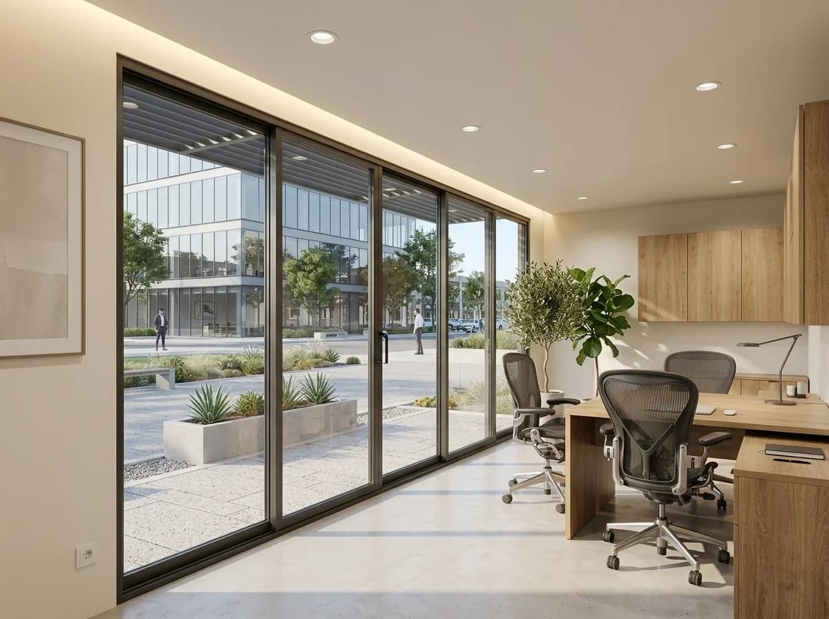 Design visualisation of the cabin's interior, with sliding glass doors along one wall, recessed ceiling lights, a desk, office chairs and wall cabinets