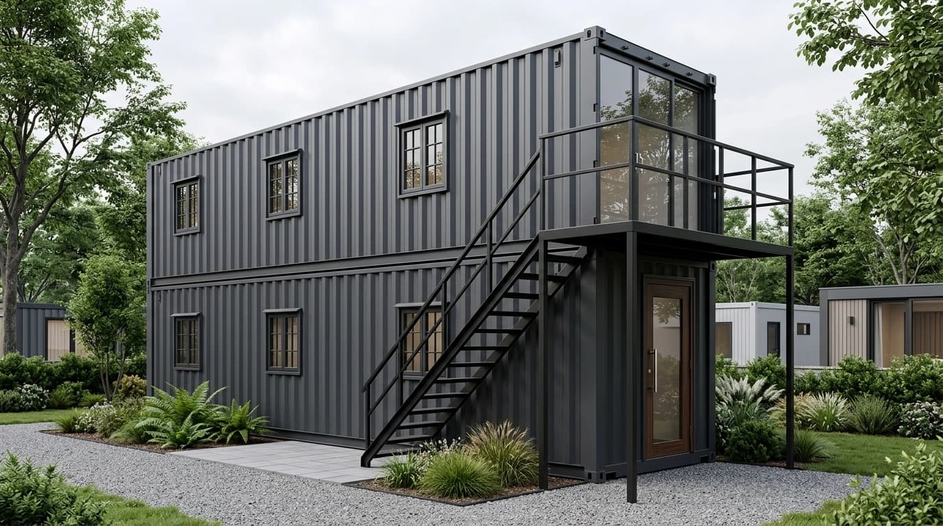 Design visualisation of a dark-grey two-storey home made from two stacked shipping containers, angled view, with an external steel staircase, an upper balcony and a glazed entrance door