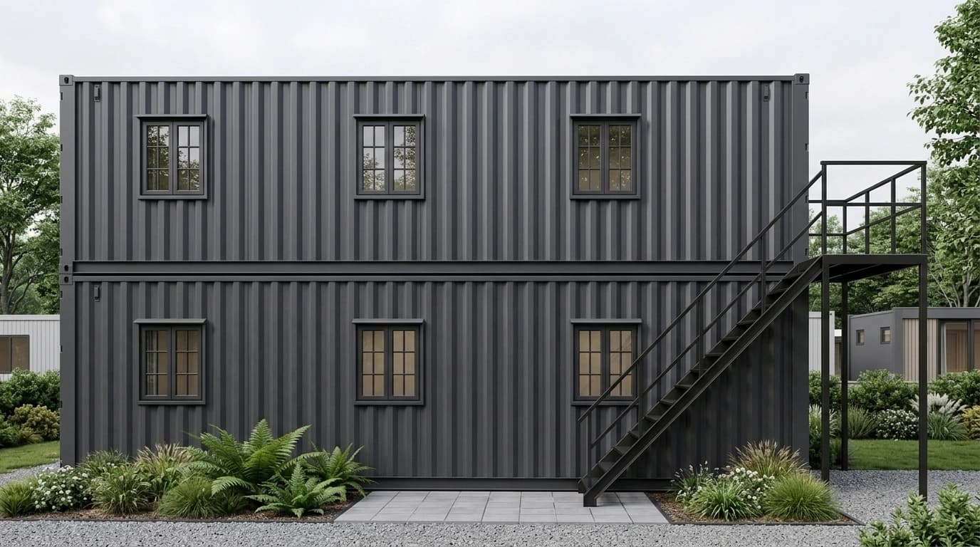 Design visualisation of the same two-storey container home from the side, with three windows on each floor and the external steel staircase