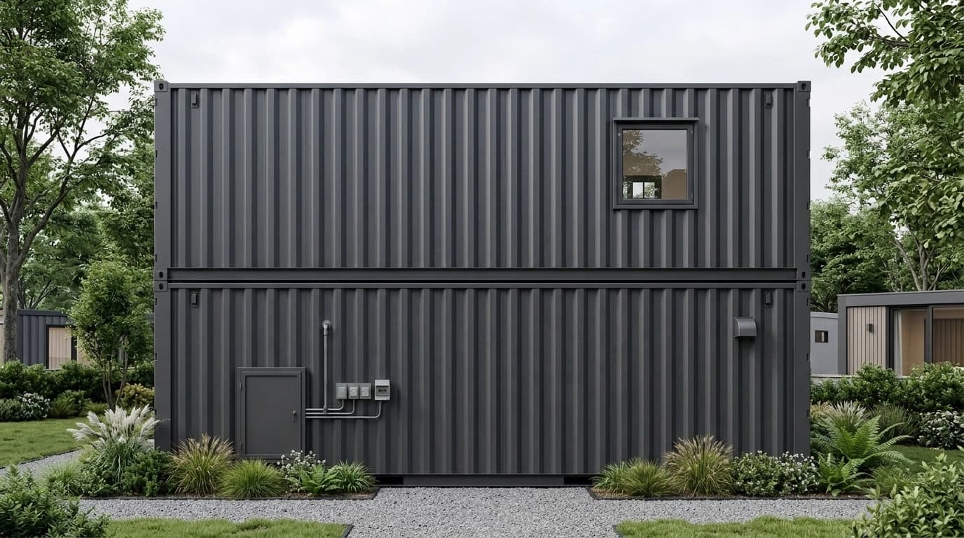Design visualisation of the same two-storey container home from the rear, with one upper window and a utility cabinet and service conduits on the lower container