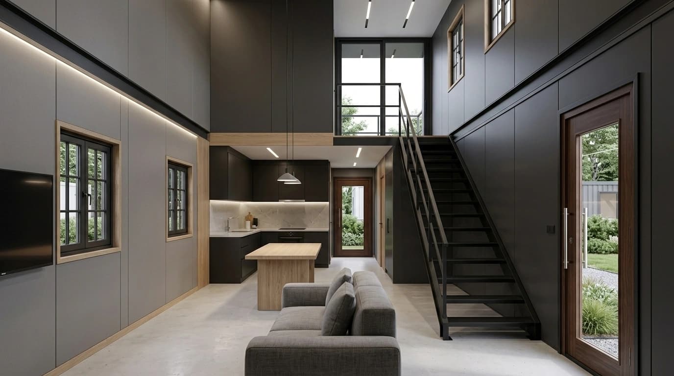 Design visualisation of a double-height interior with a sofa, a kitchen with an island, a steel staircase to the upper level and a glazed entrance door